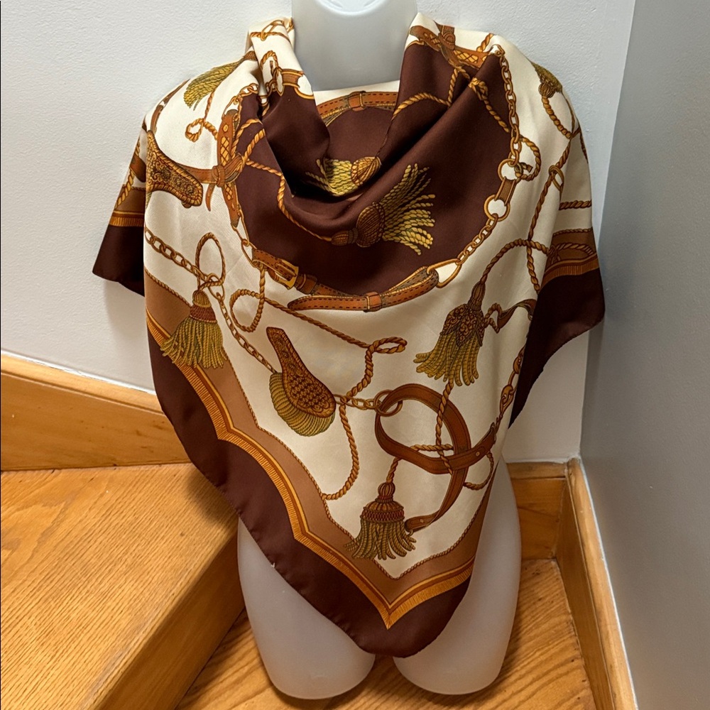 Vintage equestrian-themed square scarf. Brown & Gold Tassel Crest Scarf. Italy